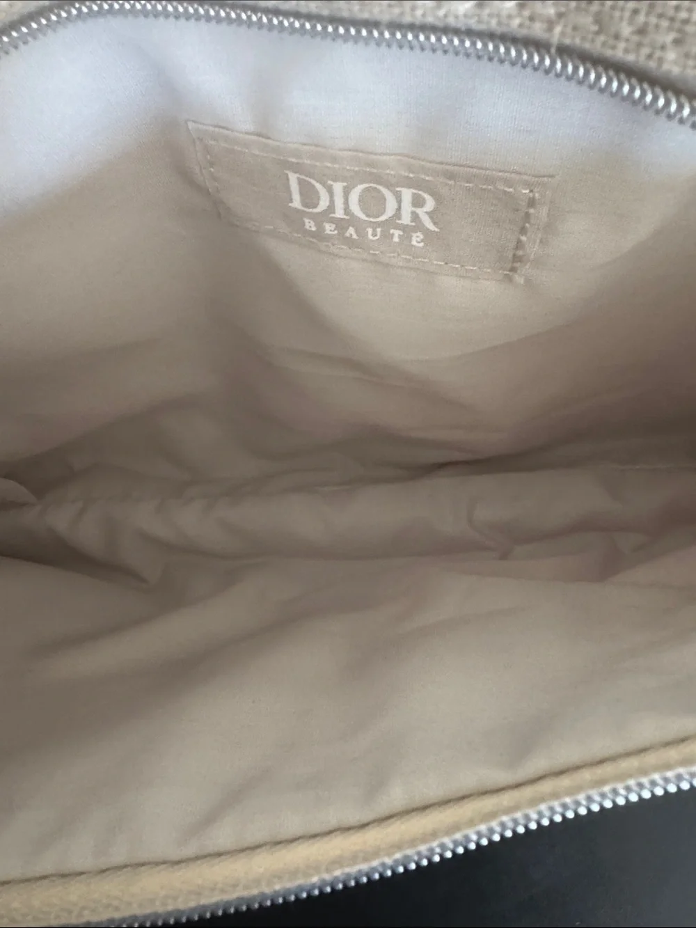 NWOT Dior Beige Linen Makeup Pouch/Clutch  with Logo Pull